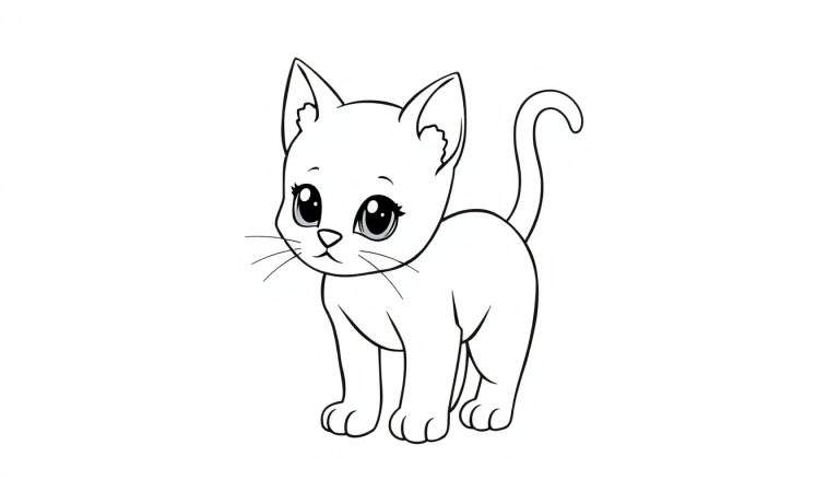 Coloriage d'un chaton debout, prêt à être colorisé.