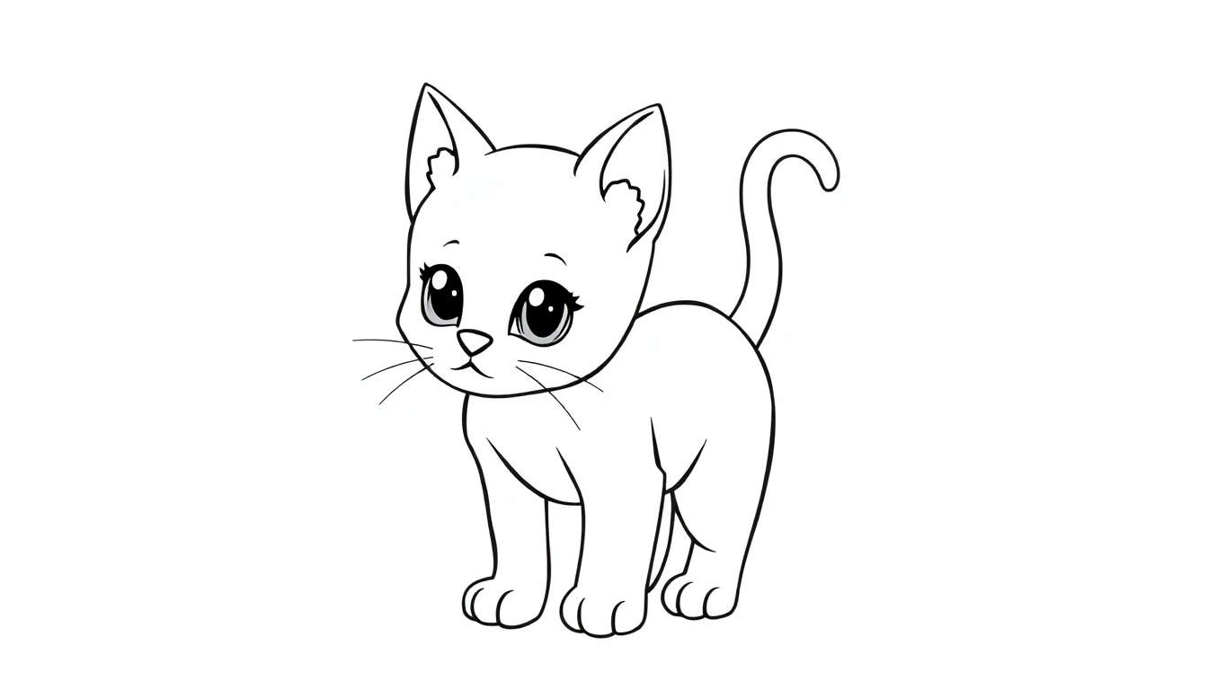 Coloriage d'un chaton debout, prêt à être colorisé.