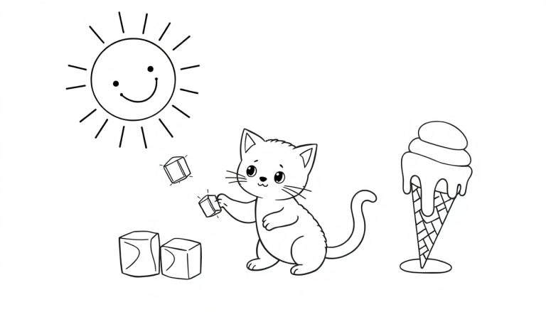 Dessin au trait noir et blanc d'un chaton jouant avec des cubes sous un soleil souriant, avec un cornet de crème glacée à côté.