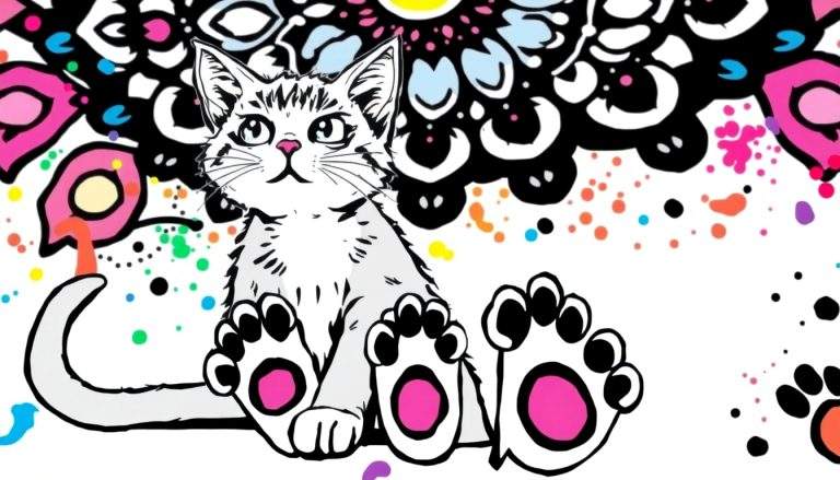 Coloriage d'un chaton détaillé avec un nez et des coussinets roses, entouré de formes abstraites multicolores et de taches de peinture.