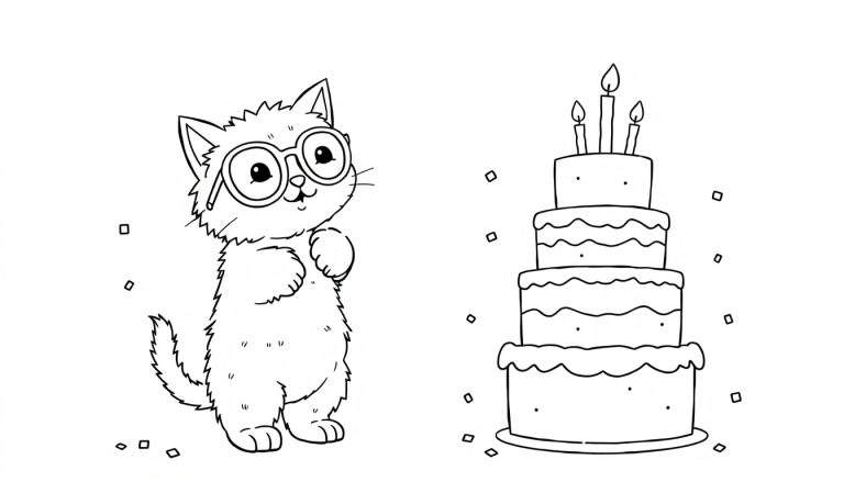 Coloriage d'un chaton avec des lunettes rondes, excité devant un gâteau d'anniversaire à trois étages avec trois bougies allumées et des confettis carrés.