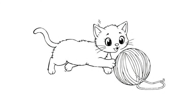 Coloriage d'un chaton joueur se préparant à bondir sur une pelote de laine, avec des grands yeux curieux et un fil qui s'échappe.