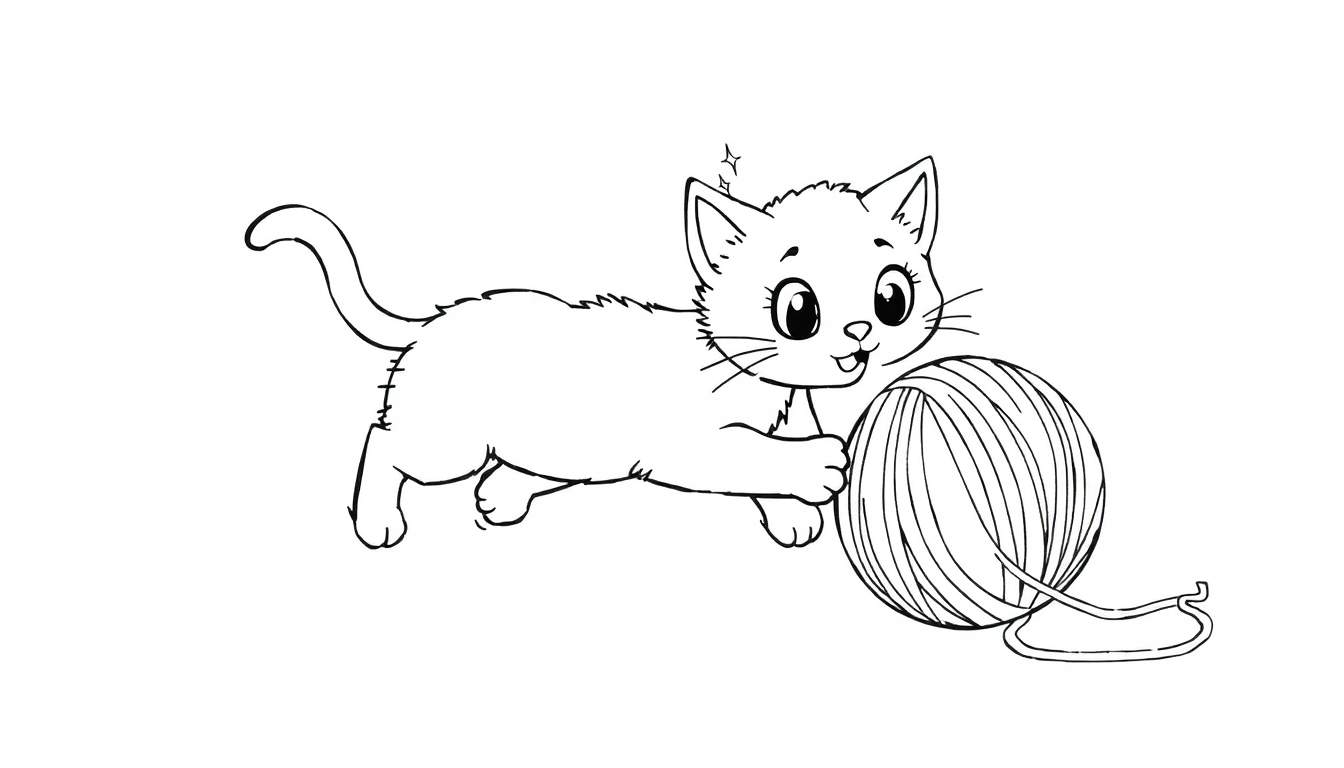 Coloriage d'un chaton joueur se préparant à bondir sur une pelote de laine, avec des grands yeux curieux et un fil qui s'échappe.