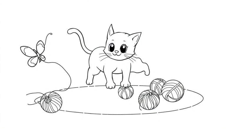Dessin au trait d'un chaton aux yeux ronds jouant avec plusieurs pelotes de laine, un papillon étant attaché à l'une d'elles par un fil.