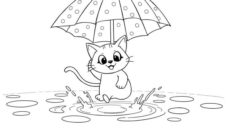 Dessin au trait d'un chaton joyeux portant un parapluie à pois, debout dans une flaque d'eau par temps de pluie.