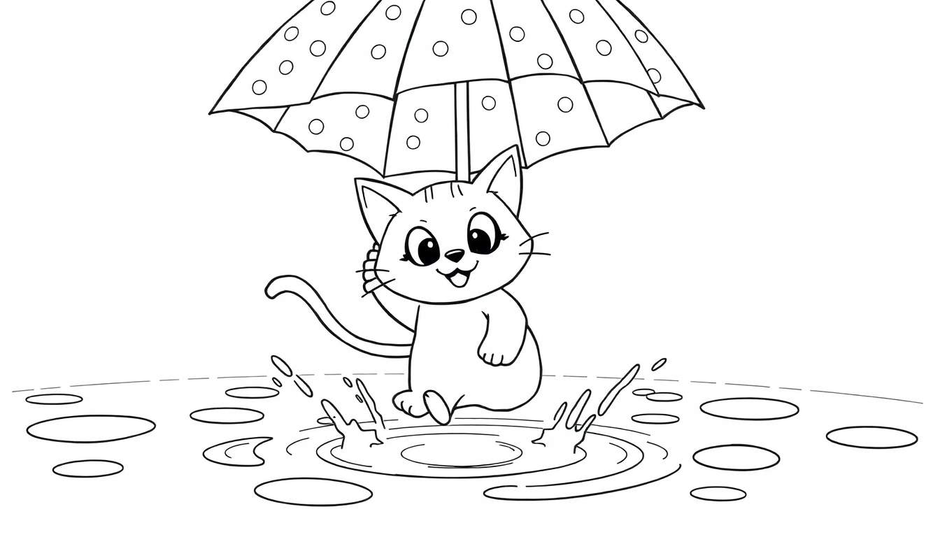 Dessin au trait d'un chaton joyeux portant un parapluie à pois, debout dans une flaque d'eau par temps de pluie.
