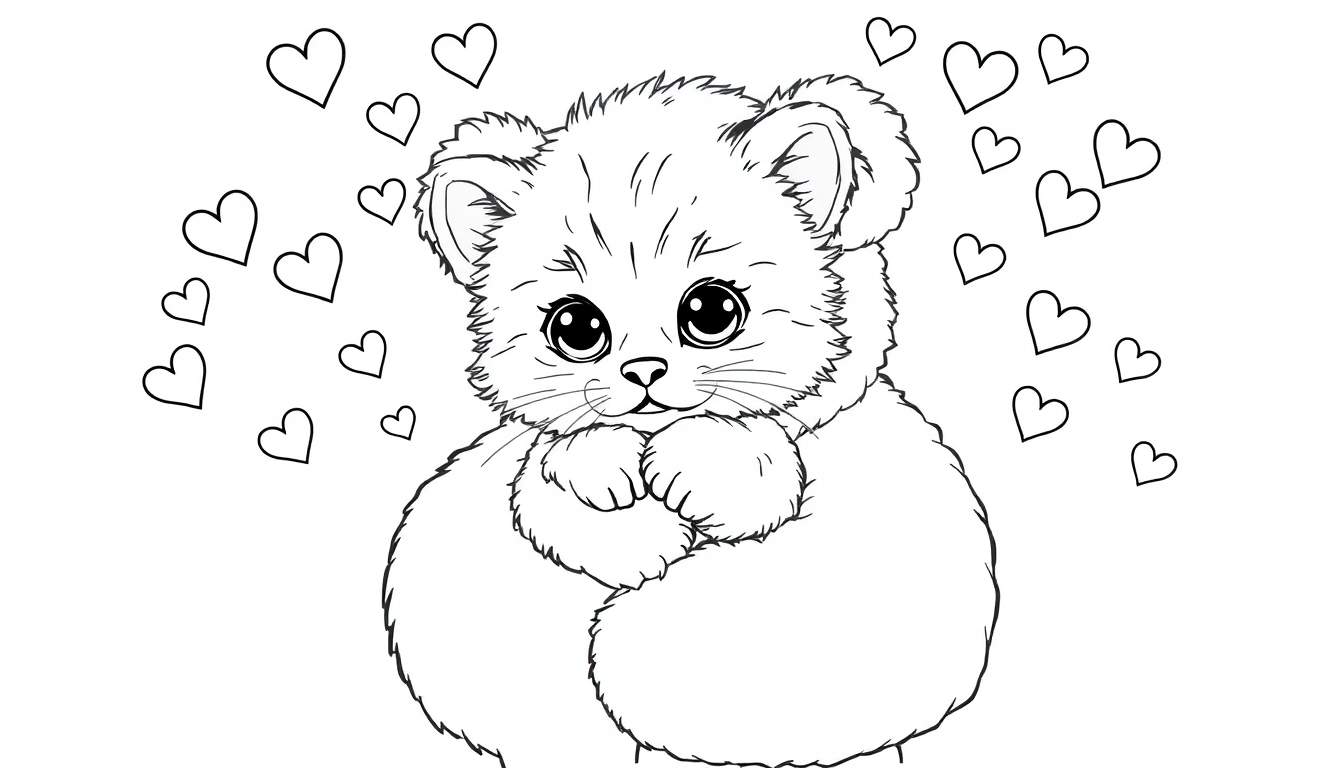 Dessin au trait d'un chaton mignon serrant un nounours, entouré de cœurs.