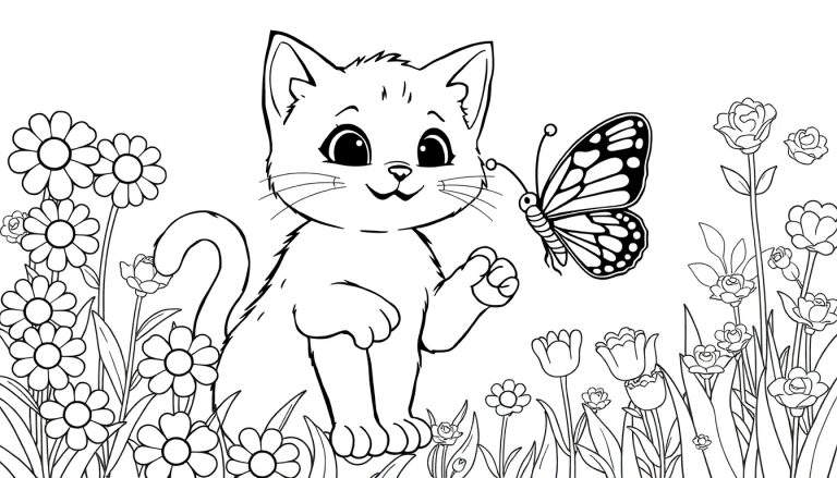 Coloriage d'un chaton assis entouré de fleurs et d'un papillon.