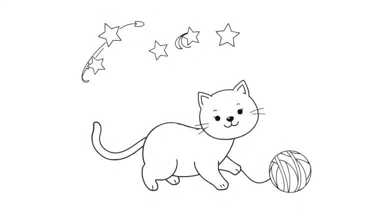 Dessin au trait d'un chaton souriant jouant avec une pelote de laine et des étoiles