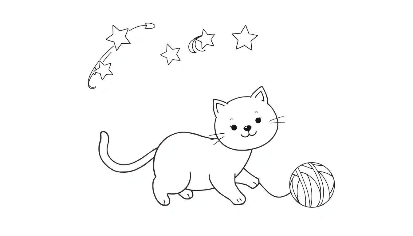 Dessin au trait d'un chaton souriant jouant avec une pelote de laine et des étoiles