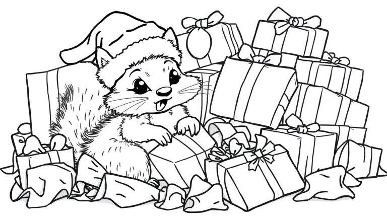 Dessin au trait d'un chaton portant un bonnet de Père Noël, entouré de cadeaux de Noël.