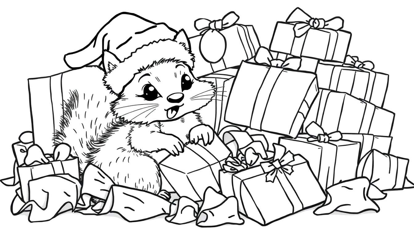 Dessin au trait d'un chaton portant un bonnet de Père Noël, entouré de cadeaux de Noël.