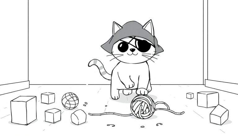 Coloriage d'un chaton pirate mignon avec bandana et cache-œil, assis près de jouets.