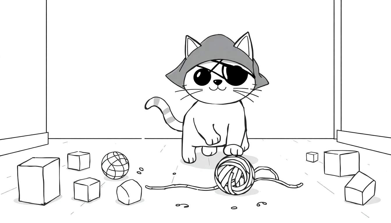 Coloriage d'un chaton pirate mignon avec bandana et cache-œil, assis près de jouets.