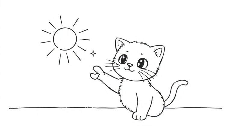 Coloriage d'un chaton mignon assis levant une patte, avec un soleil stylisé et une étoile.