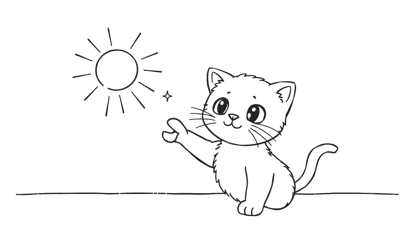 Coloriage d'un chaton mignon assis levant une patte, avec un soleil stylisé et une étoile.