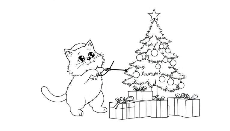 Dessin au trait d'un chaton mignon avec un chapeau jouant avec une ficelle à côté d'un sapin de Noël décoré et de cadeaux.