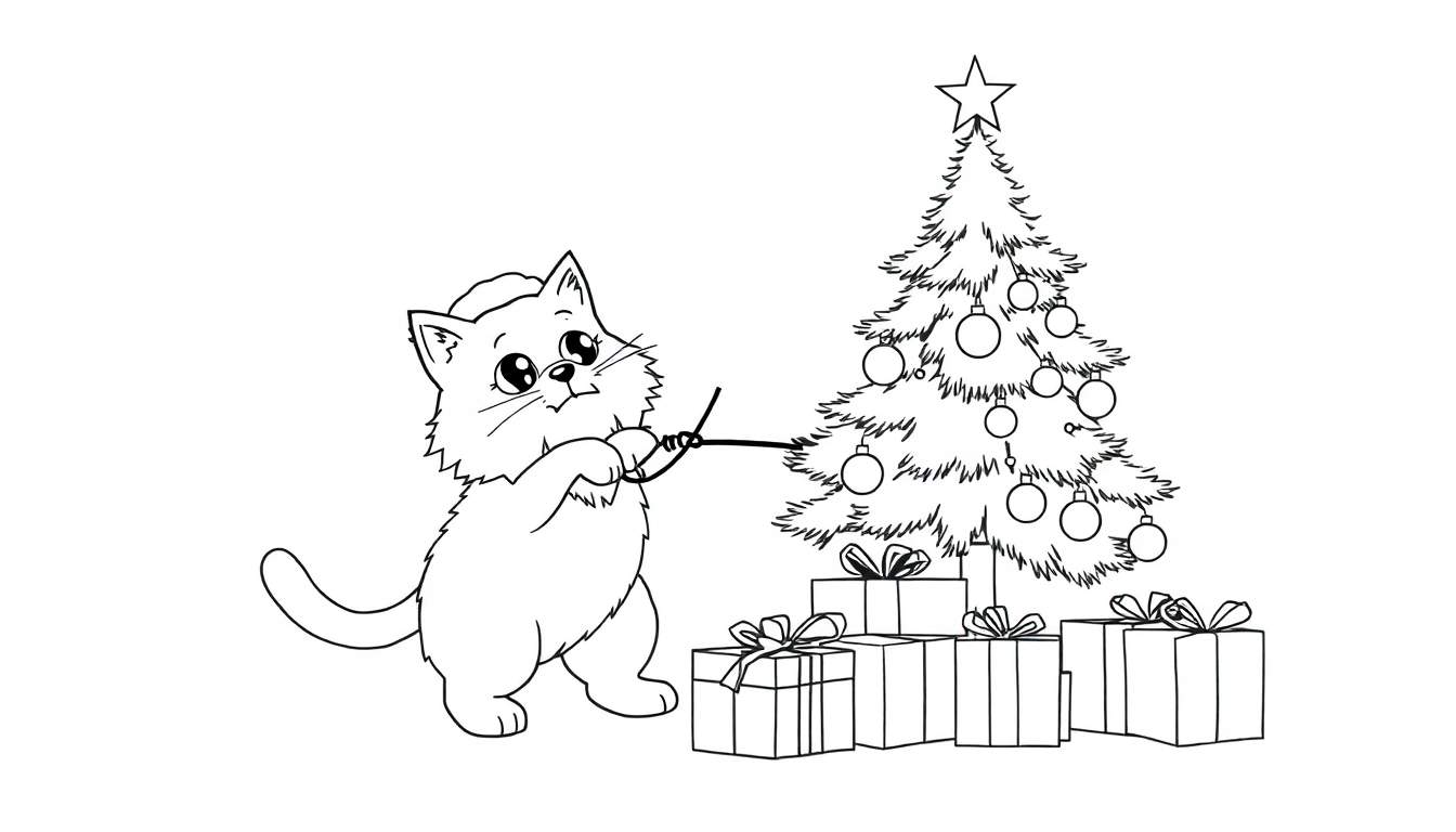 Dessin au trait d'un chaton mignon avec un chapeau jouant avec une ficelle à côté d'un sapin de Noël décoré et de cadeaux.
