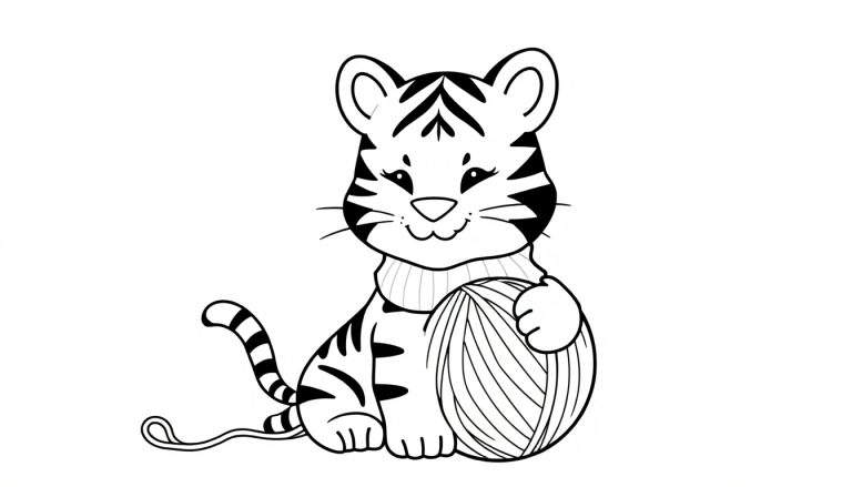 Dessin au trait d'un chaton tigré mignon jouant avec une pelote de laine.