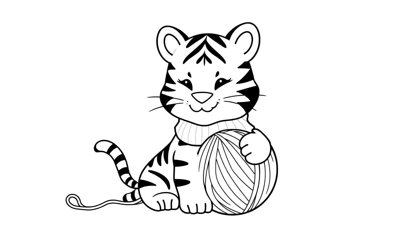 Dessin au trait d'un chaton tigré mignon jouant avec une pelote de laine.