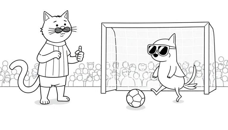 Coloriage de deux chats jouant au football, l'un gardien de but et l'autre attaquant, avec une foule de spectateurs en arrière-plan.