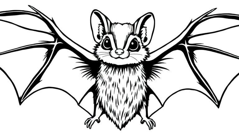 Coloriage d'une chauve-souris cartoon aux grandes ailes déployées, ressemblant à un écureuil-volant. La chauve-souris a de grands yeux ronds et des oreilles pointues, dessinée en noir et blanc pour être coloriée.