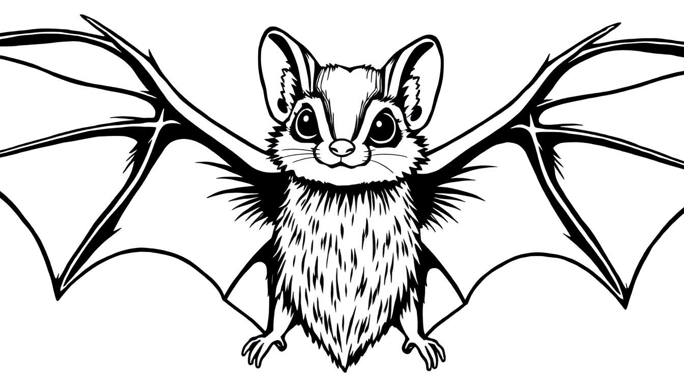 Coloriage d'une chauve-souris cartoon aux grandes ailes déployées, ressemblant à un écureuil-volant. La chauve-souris a de grands yeux ronds et des oreilles pointues, dessinée en noir et blanc pour être coloriée.