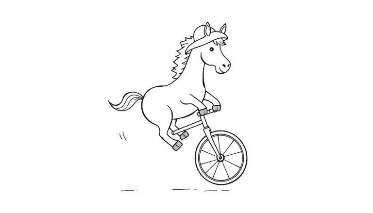 Dessin en noir et blanc d'un cheval souriant faisant du vélo sur un monocycle, avec ses pattes avant sur le guidon et ses pattes arrière en l'air, suggérant le mouvement.