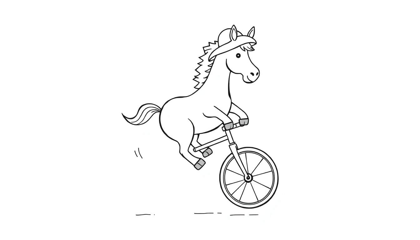 Dessin en noir et blanc d'un cheval souriant faisant du vélo sur un monocycle, avec ses pattes avant sur le guidon et ses pattes arrière en l'air, suggérant le mouvement.