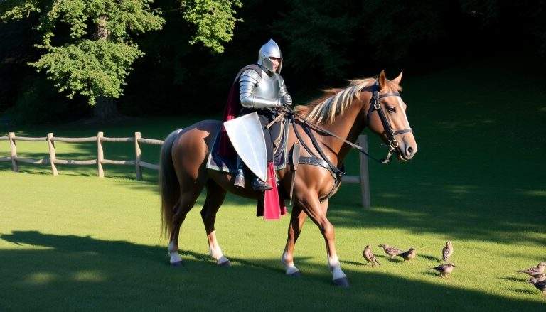Coloriage d'un chevalier en armure argentée sur un cheval brun, devant un arbre et une clôture.