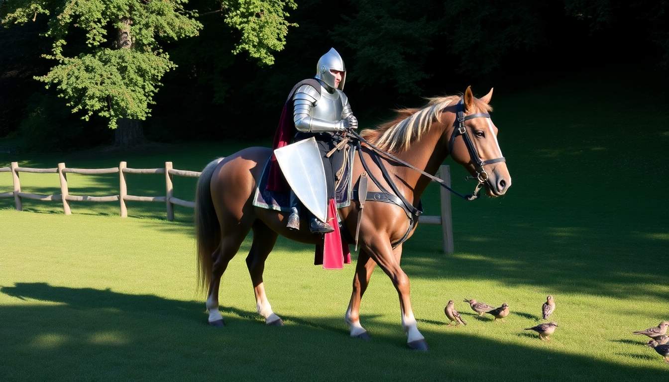 Coloriage d'un chevalier en armure argentée sur un cheval brun, devant un arbre et une clôture.