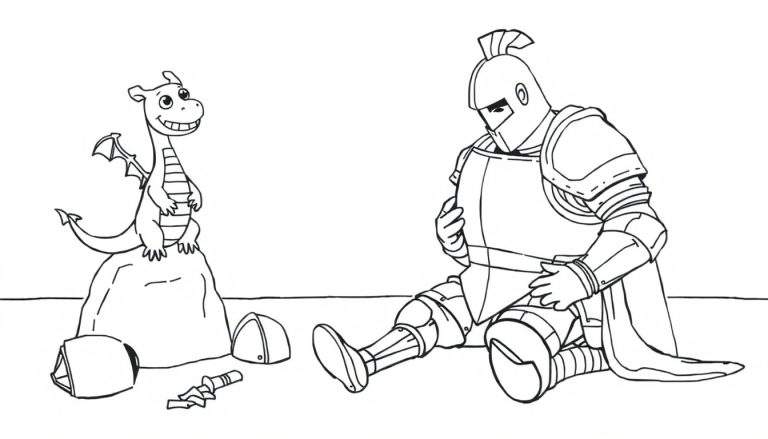 Coloriage d'un chevalier assis au sol, son armure à côté de lui. Un petit dragon espiègle est sur un rocher.