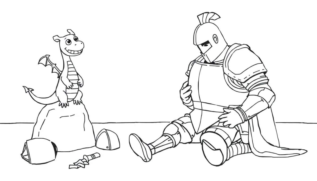 Coloriage d'un chevalier assis au sol, son armure à côté de lui. Un petit dragon espiègle est sur un rocher.