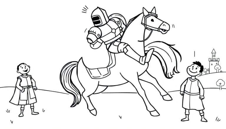 Dessin en noir et blanc d'un coloriage : chevalier en armure sur un cheval galopant, deux garçons regardent, château et arbres en arrière-plan.