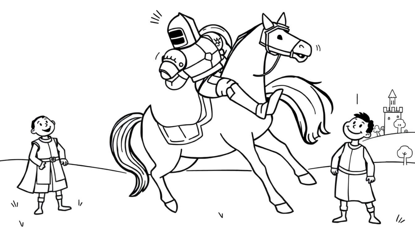 Dessin en noir et blanc d'un coloriage : chevalier en armure sur un cheval galopant, deux garçons regardent, château et arbres en arrière-plan.