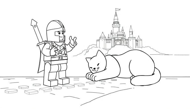 Dessin au trait d'un chevalier Lego discutant avec un chat devant un château.
