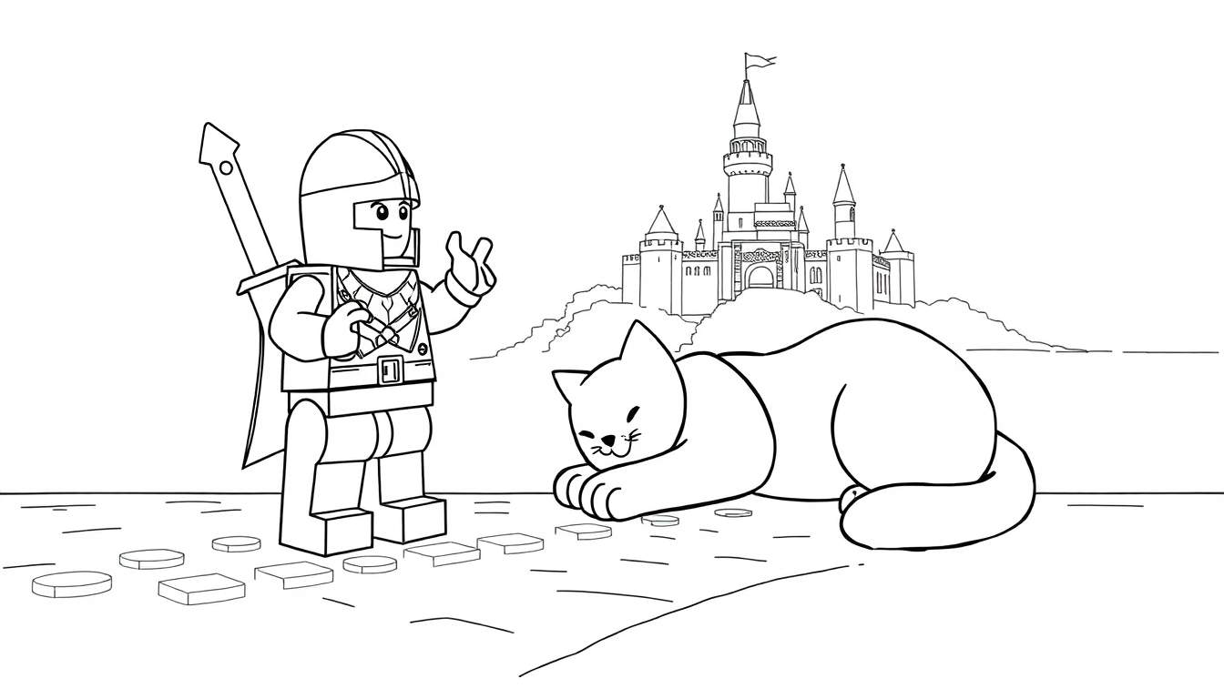 Dessin au trait d'un chevalier Lego discutant avec un chat devant un château.