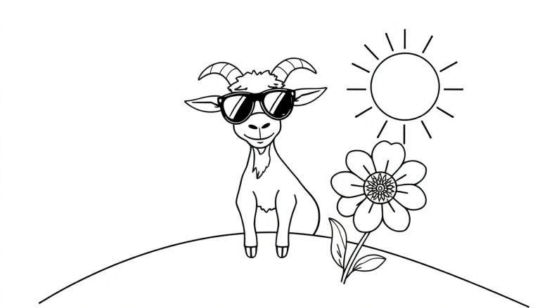 Dessin au trait noir et blanc d'une chèvre souriante portant de grandes lunettes de soleil, assise sur une petite colline. Un soleil stylisé et une fleur avec des feuilles sont présents à côté.
