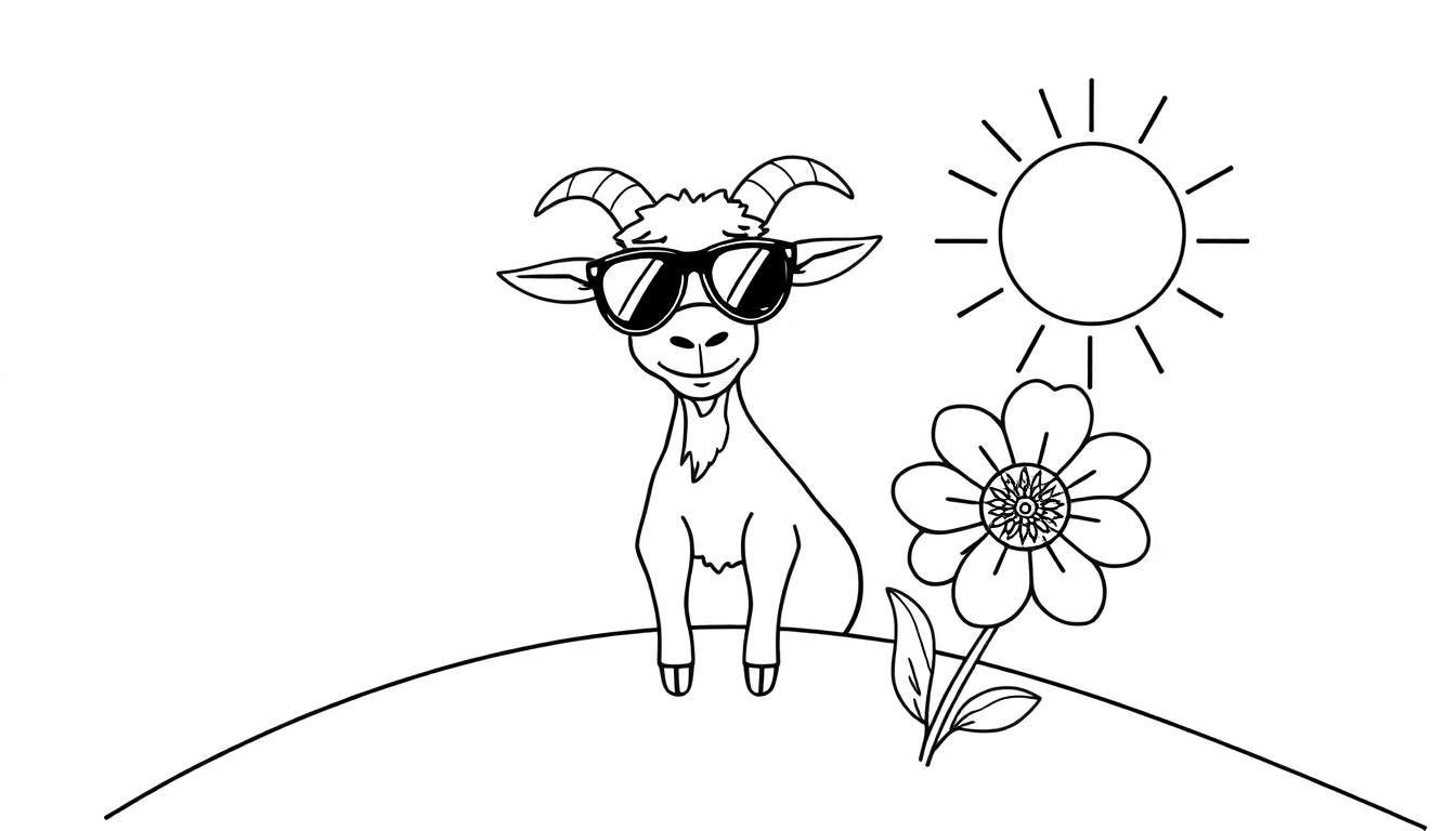 Dessin au trait noir et blanc d'une chèvre souriante portant de grandes lunettes de soleil, assise sur une petite colline. Un soleil stylisé et une fleur avec des feuilles sont présents à côté.