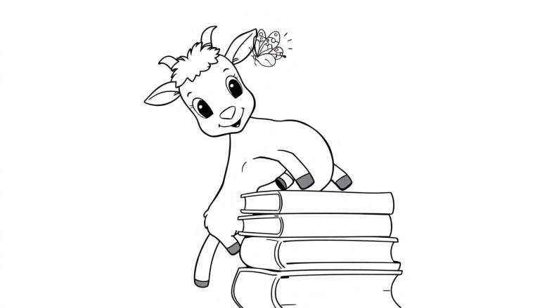 Coloriage d'un jeune chevreau assis sur des livres, avec un papillon volant au-dessus.