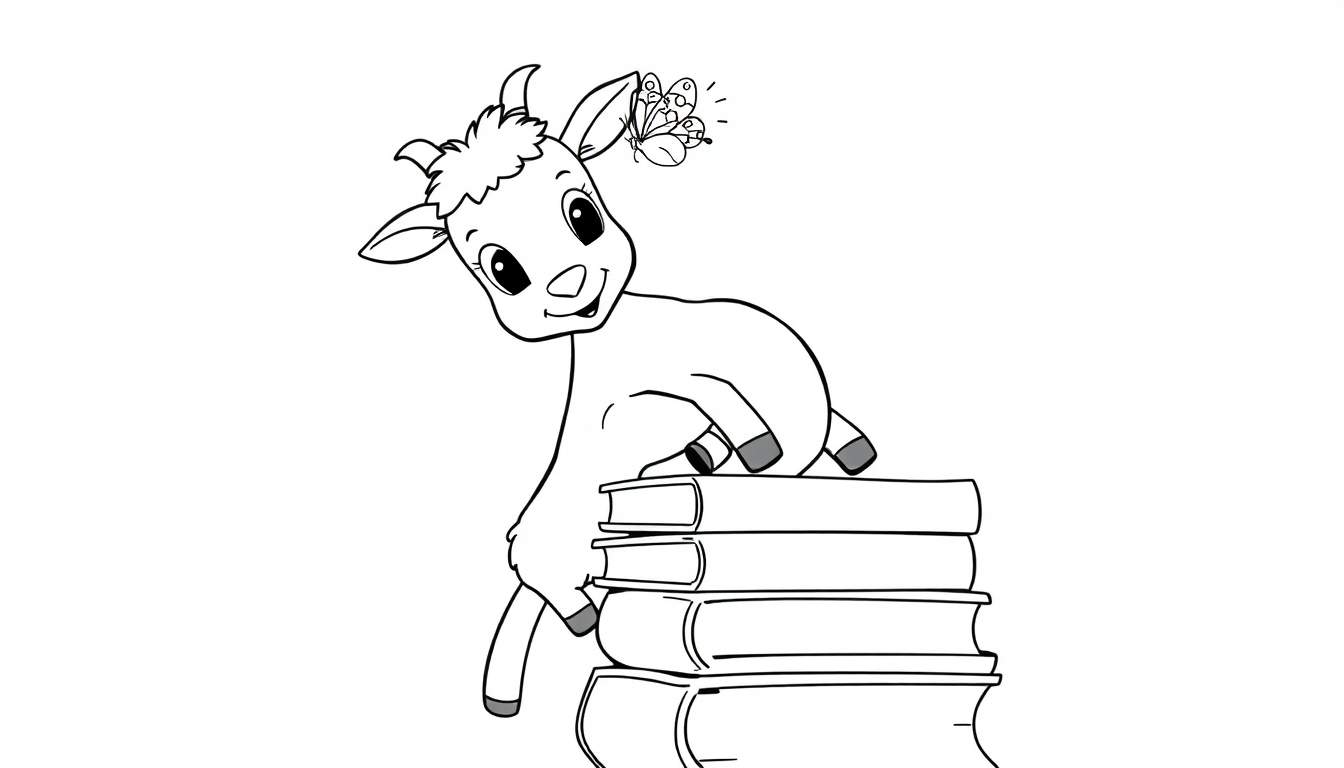 Coloriage d'un jeune chevreau assis sur des livres, avec un papillon volant au-dessus.