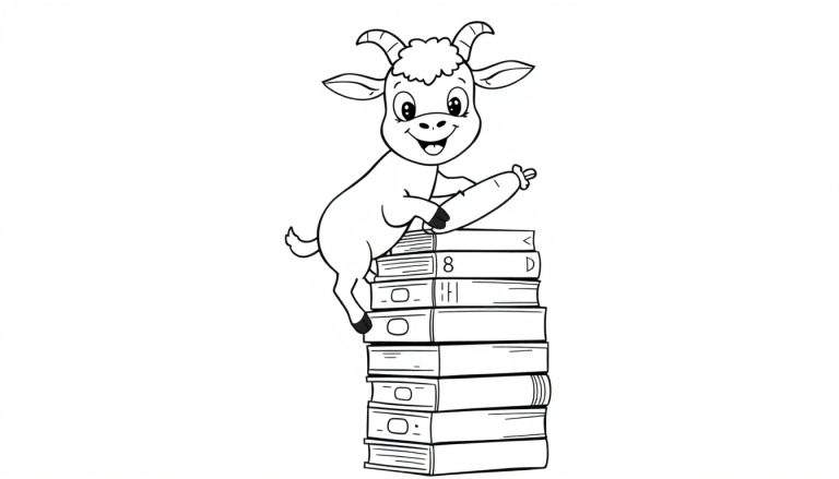 Coloriage d'une chèvrette de dessin animé souriante assise sur une pile de livres, tenant une carotte.