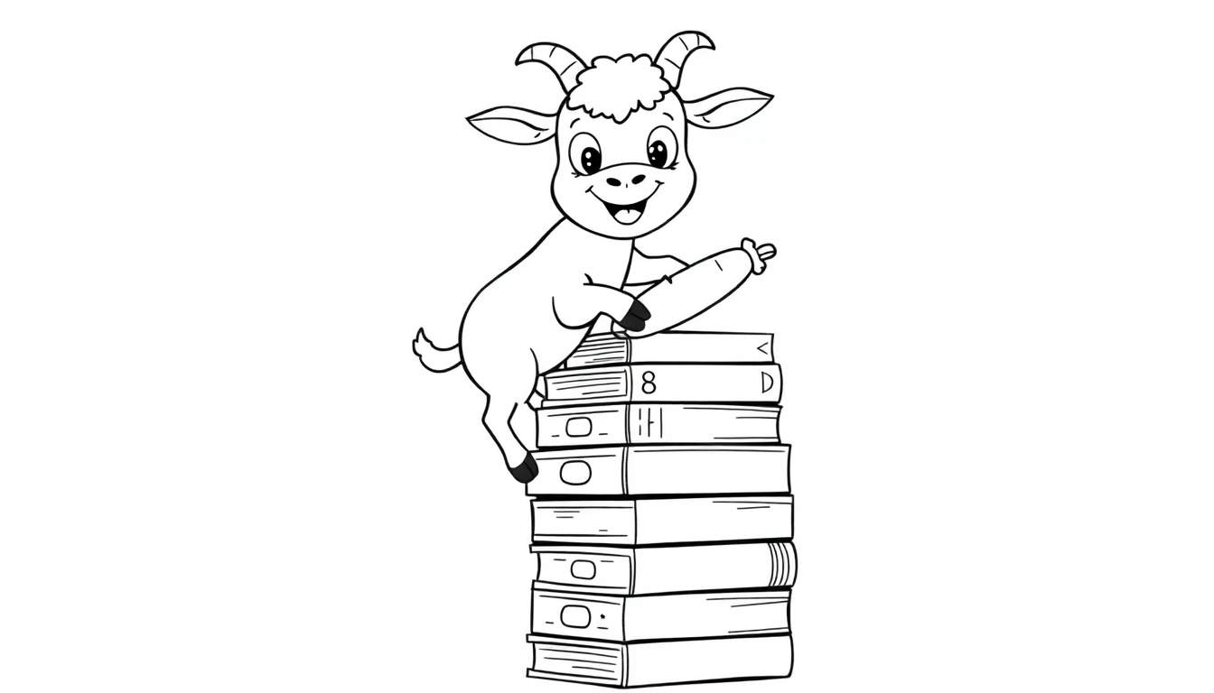 Coloriage d'une chèvrette de dessin animé souriante assise sur une pile de livres, tenant une carotte.