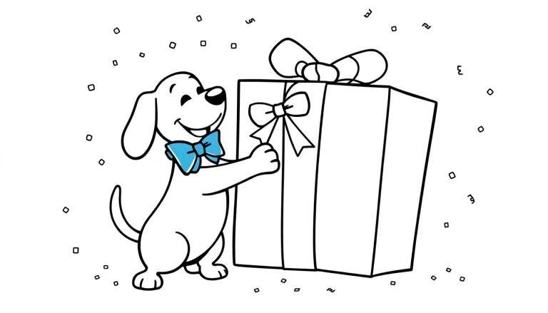 Coloriage d'un chien blanc portant un nœud papillon bleu, assis à côté d'un gros paquet cadeau coloré, avec des confettis dans l'air.