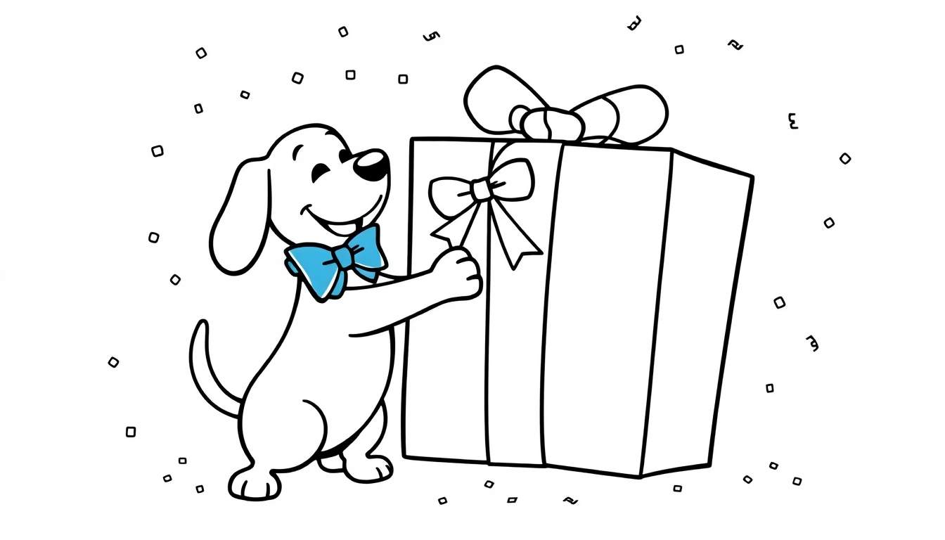 Coloriage d'un chien blanc portant un nœud papillon bleu, assis à côté d'un gros paquet cadeau coloré, avec des confettis dans l'air.