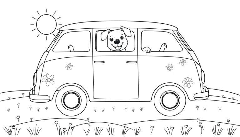 Dessin au trait d'un chien joyeux regardant par la fenêtre avant d'une camionnette décorée de fleurs, la langue dehors, les pattes sur le bord, le véhicule roulant dans l'herbe sous le soleil.