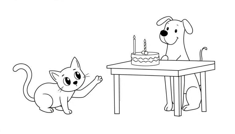 Coloriage d'un chien et d'un chat regardant un gâteau d'anniversaire avec des bougies.
