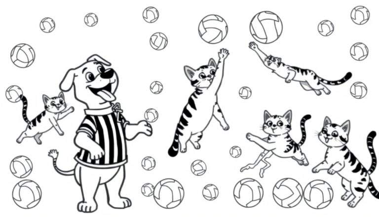 Dessin en noir et blanc d'un chien avec un maillot rayé et plusieurs chats jouant avec des ballons.