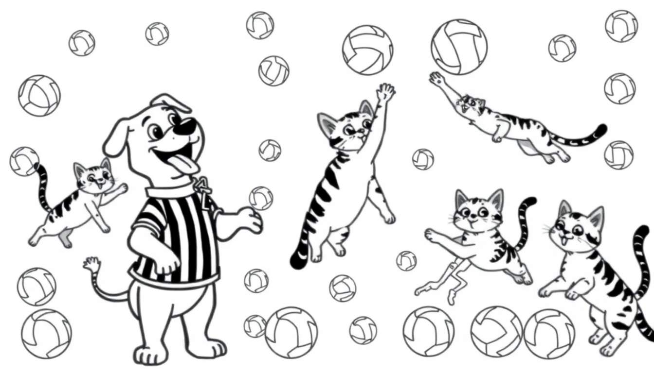Dessin en noir et blanc d'un chien avec un maillot rayé et plusieurs chats jouant avec des ballons.