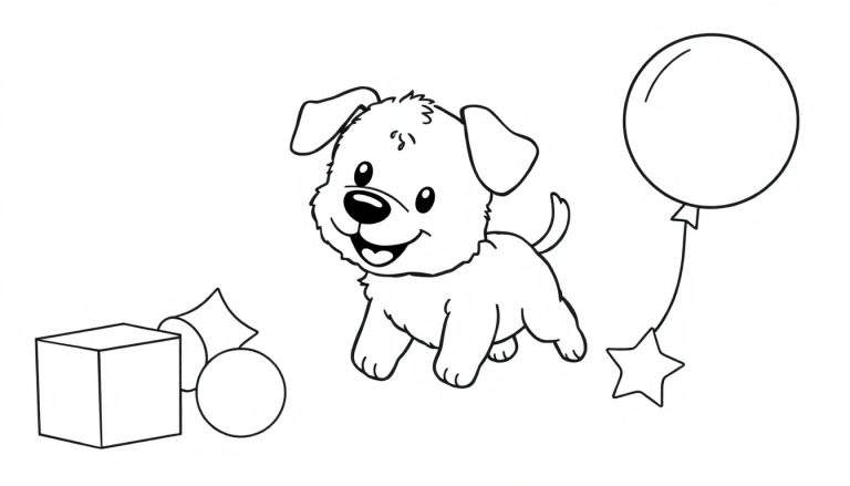 Coloriage d'un chien de dessin animé qui court près de blocs, d'un ballon et d'une étoile.